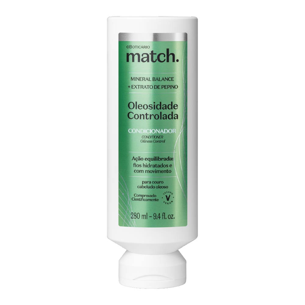 Condicionador de 280ml para cabelos oleosos. O condicionador controla a oleosidade do couro cabeludo, aliviando os sintomas da mesma. O condicionador é da marca Boticário e o frasco é branco com um rótulo verde.