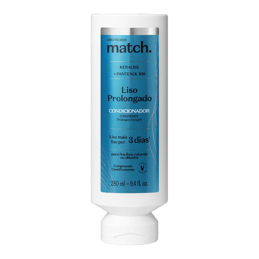 Condicionador para cabelos lisos da marca Boticário. A embalagem é branca, com um rótulo azul e 280ml de tamanho. O condicionador é direcionado a desembaraçar e alinhar os cabelos lisos, garantindo o seu alisamento por até 3 dias.